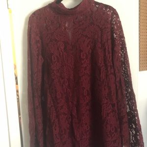Burgundy lace illusion sleeve shift dress